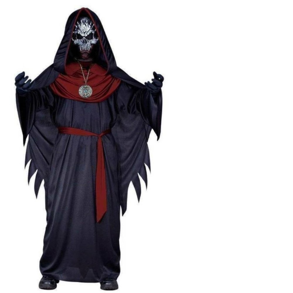 Skeleton Sinister Halloween Costume12/14 Black Hooded Robe, Cape, Skull Mask 8pc
